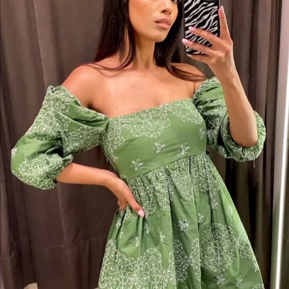 ZARA OPENWORK EMBROIDERED DRESS PUFF SLEEVES Green - Picture 2 of 11